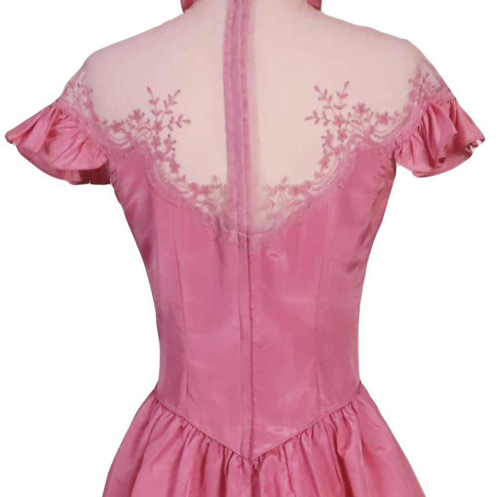 Vintage 70s 80s Pink Ruffle Sleeve Neck Taffeta Prom Gown Party Prom Dress S M - Picture 10 of 14